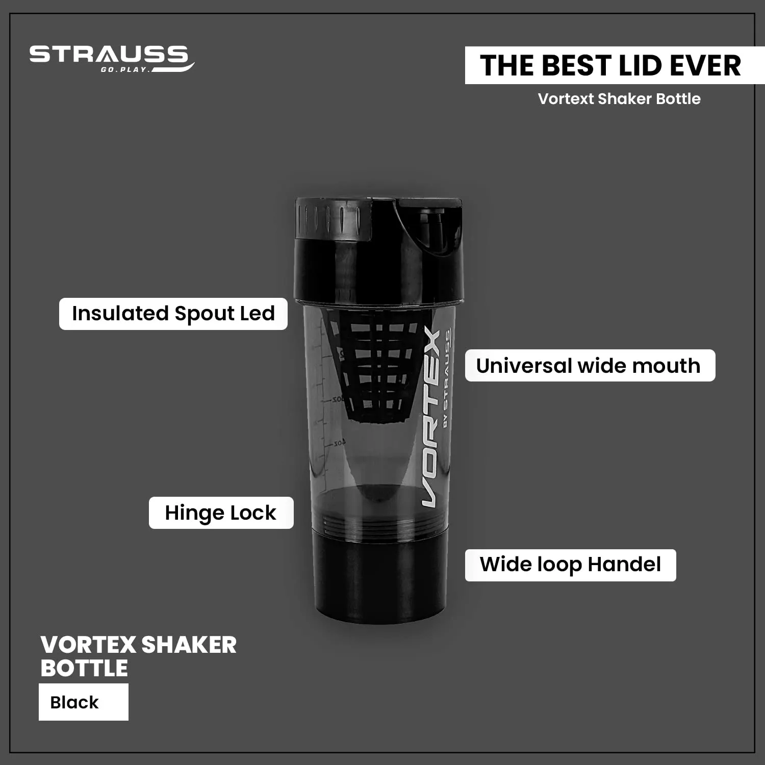 STRAUSS Vortex Shaker Bottle with Two Storage Compartments | 100% BPA- Free Sipper Bottle | Leakproof Shaker For Protein Shake | Ideal Pre Workout and BCAAs| For Both Men and Women | 500ml, (Black)