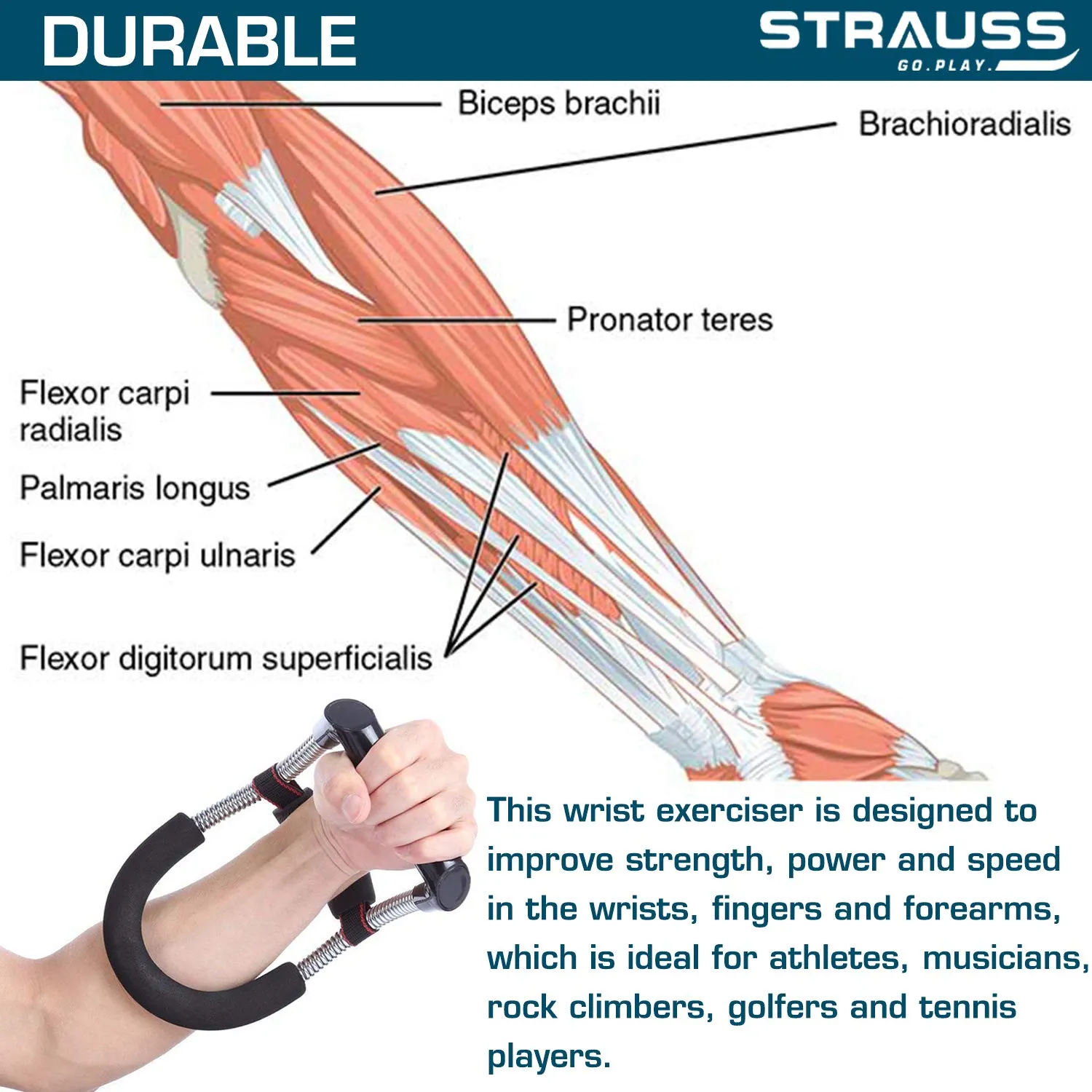 Strauss Wrist/Forearm Strengthener |Improves Grip Strength |Arm Exercise Equipment for Forearm Workout |Adjustable Resistance |Hand and Wrist Strength Trainer|Ideal for Athletes and Musicians, (Black)