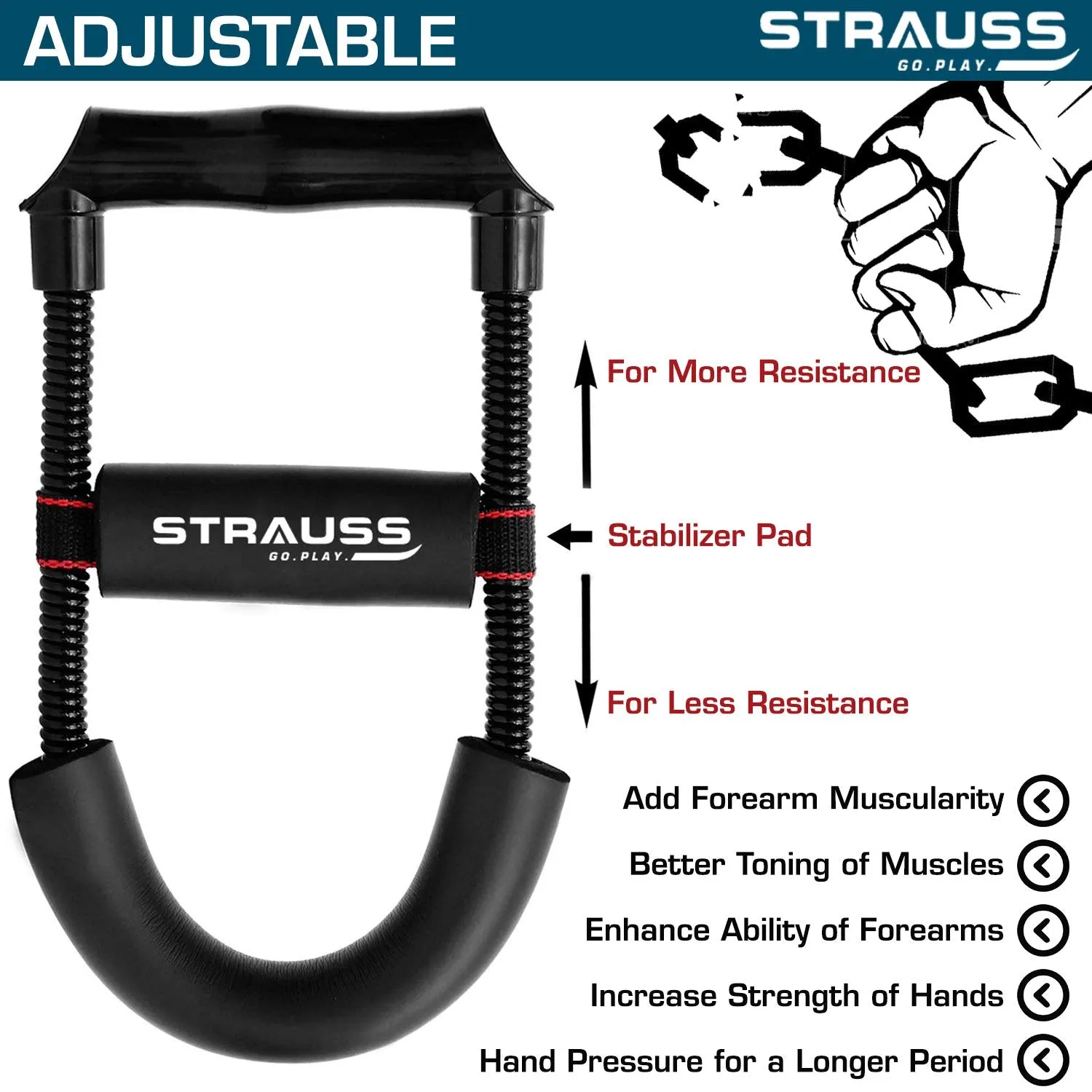 Strauss Wrist/Forearm Strengthener |Improves Grip Strength |Arm Exercise Equipment for Forearm Workout |Adjustable Resistance |Hand and Wrist Strength Trainer|Ideal for Athletes and Musicians, (Black)