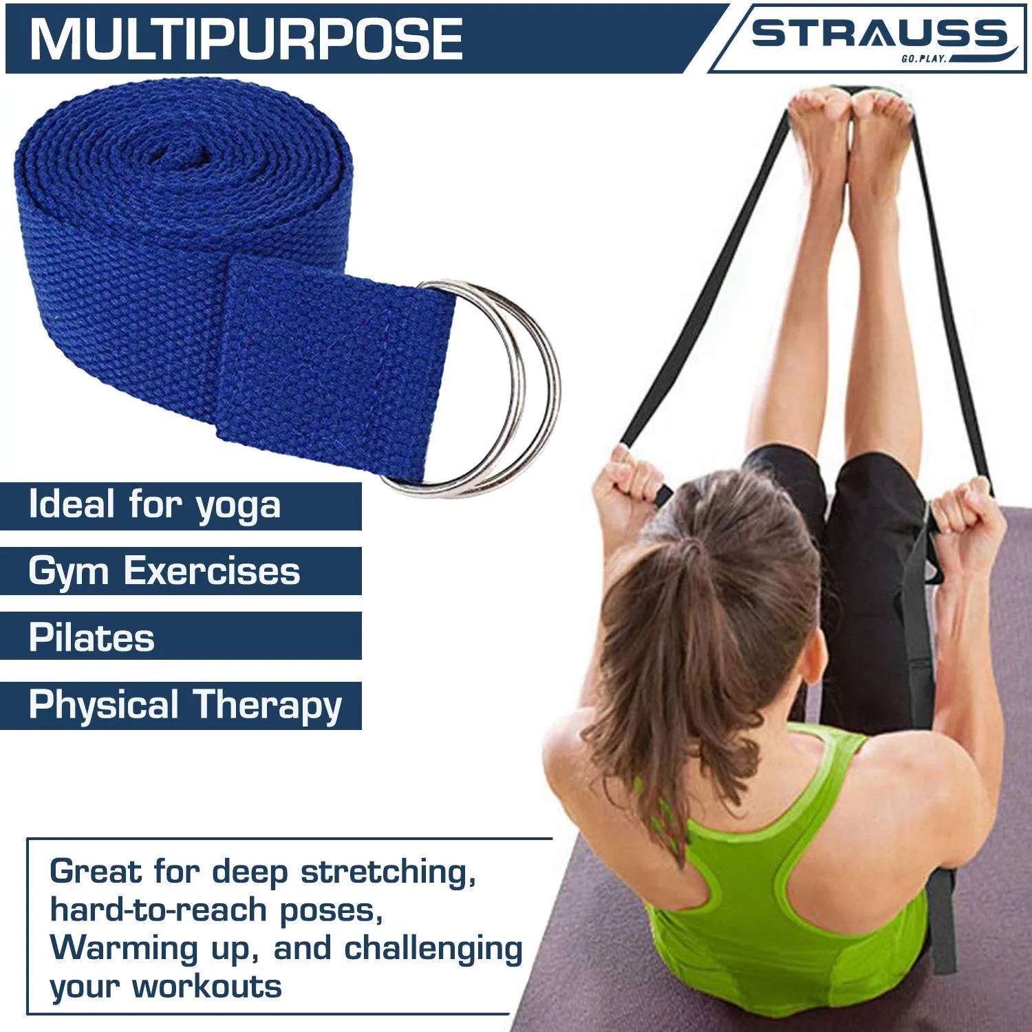 Strauss Yoga Belt, 8 feet, (Blue) with Yoga Block