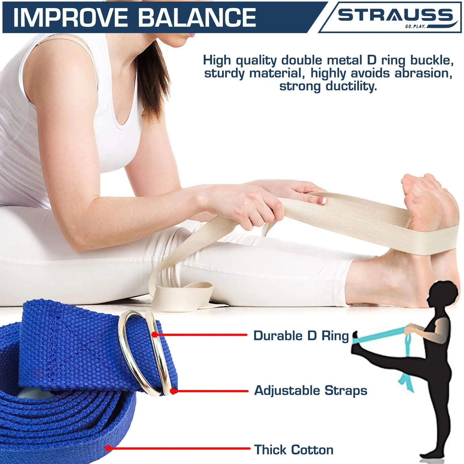 Strauss Yoga Belt, 8 feet, (Blue) with Yoga Block