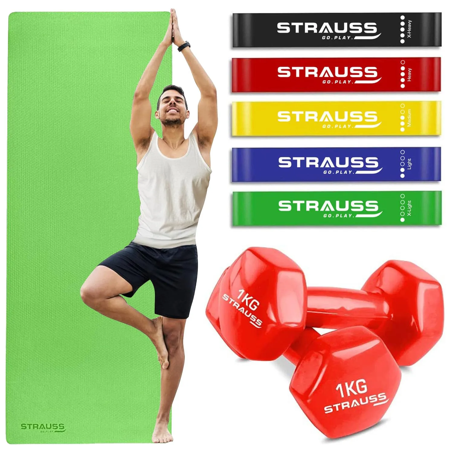 STRAUSS Yoga Combo Kit| 6mm Green EVA Yoga Mat| 5 Pack Multicolor Latex Resistance bands| 2 Red Dumbbells(1kg each), Ideal for Yoga & Training