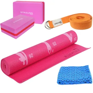 Strauss Yoga Mat 4mm Pink (Yogasana), Yoga Block Dual Color (Pink)  Pair, Anti-Slip Yoga Towel (Blue) and Yoga Belt (Orange)