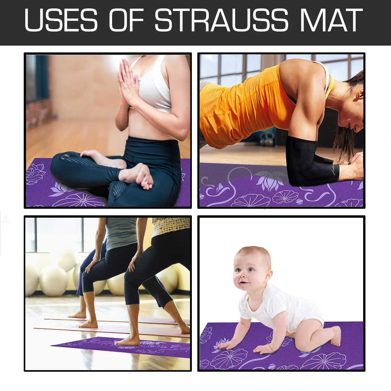 Strauss Yoga Mat, 6mm (Purple Floral) and Anti-Slip Yoga Towel (Purple)