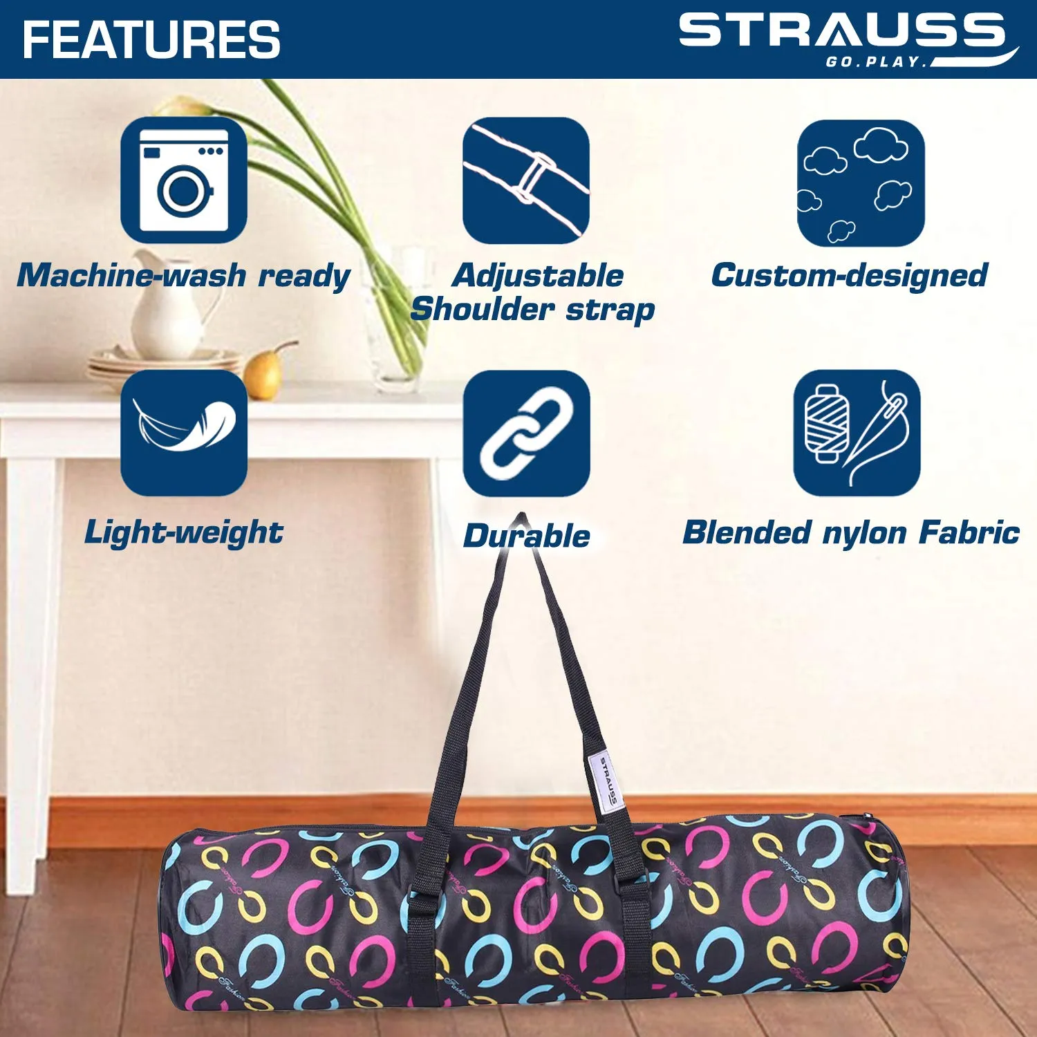 STRAUSS Yoga Mat Bag with Shoulder Strap | Washable & Durable Yoga Mat Cover Bag | Travel, Yoga & Gym Shoulder Bag | Along with Side Pocket | Ideal for Men & Women, (Floral)