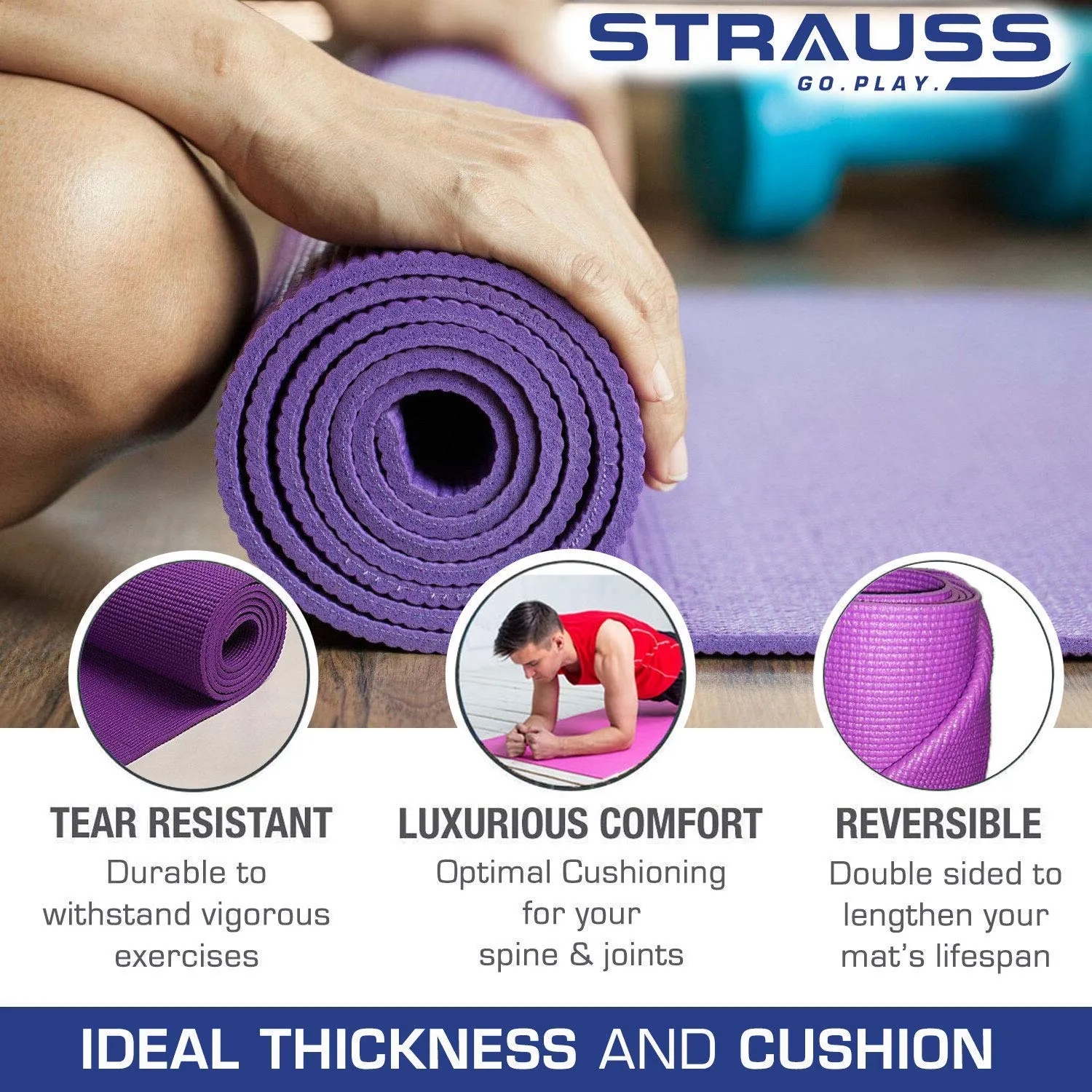 Strauss Yoga Mat (Purple) 4 MM, Yoga Block (Purple) Pair, Anti-Slip Yoga Towel (Blue) and Yoga Belt (Blue)