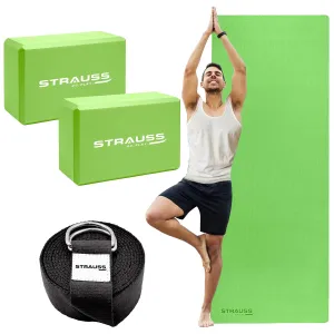 STRAUSS Yoga Starter Kit| 6mm Green EVA Yoga Mat | 2 EVA Foam Green Yoga Blocks| Black Yoga Belt, Ideal for Yoga & workout