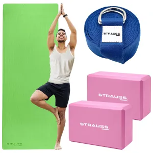 STRAUSS Yoga Starter Kit| 6mm Green EVA Yoga Mat| 2 EVA Foam Pink Yoga Blocks| Blue Yoga Belt,Ideal for Yoga & workout