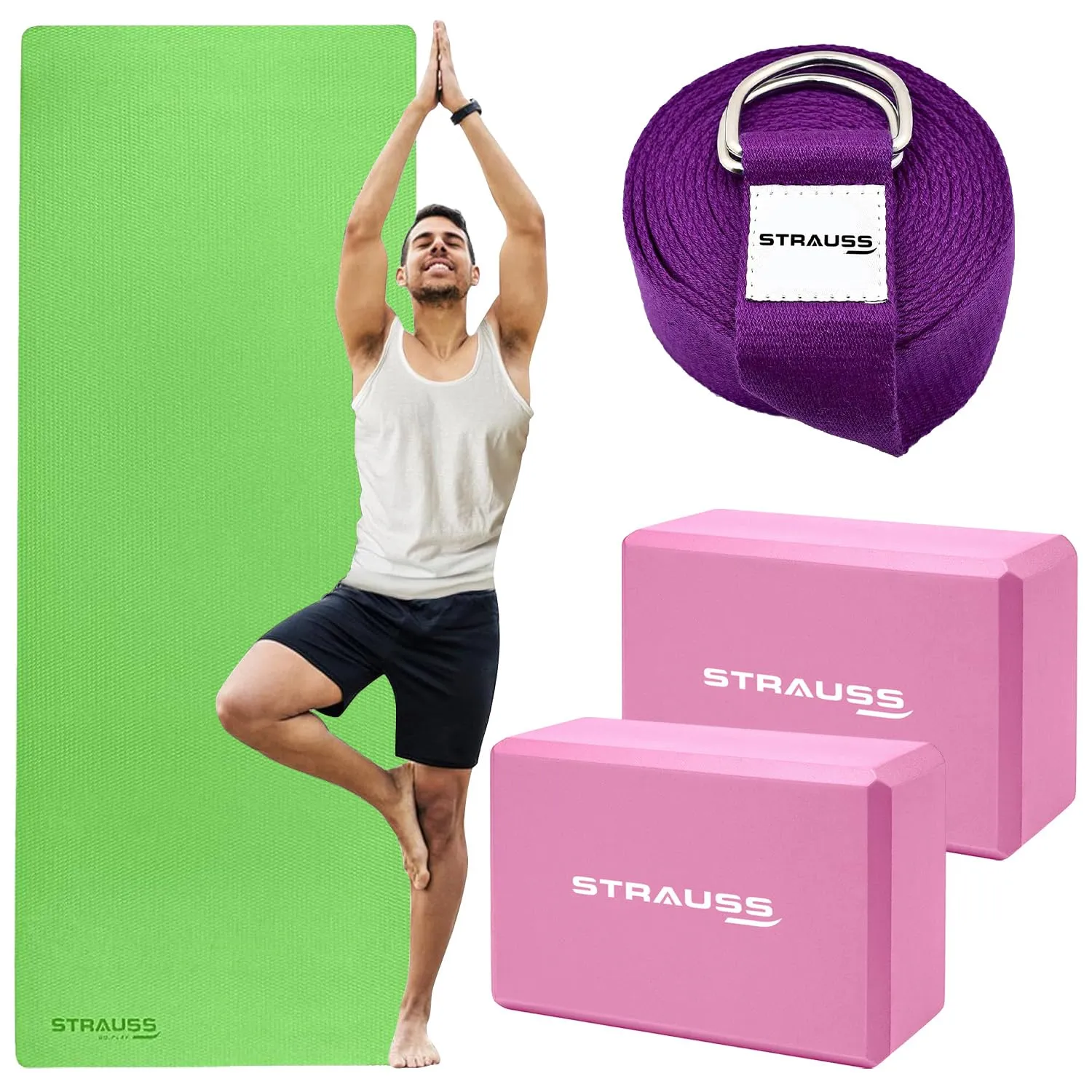 STRAUSS Yoga Starter Kit| 6mm Green EVA Yoga Mat| 2 EVA Foam Pink Yoga Blocks| Purple Yoga Belt, Ideal for Yoga & workout