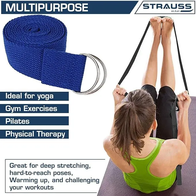 Strauss Yoga Strap & Stretching Belt | Ideal for Yoga, Pilates, Therapy, Dance, Gymnastics & Flexibility | 60% Thicker Belt with Extra Safe Adjustable Metal D-Ring Buckle | 8 feet (Blue) | Pack of 2