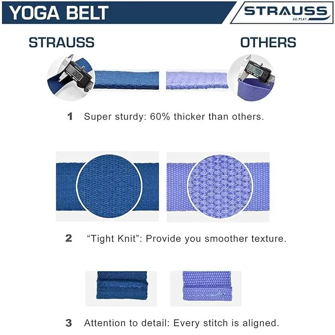 Strauss Yoga Strap & Stretching Belt | Ideal for Yoga, Pilates, Therapy, Dance, Gymnastics & Flexibility | 60% Thicker Belt with Extra Safe Adjustable Metal D-Ring Buckle | 8 feet (Blue) | Pack of 2