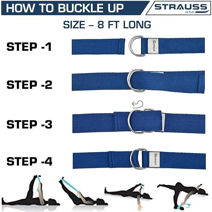 Strauss Yoga Strap & Stretching Belt | Ideal for Yoga, Pilates, Therapy, Dance, Gymnastics & Flexibility | 60% Thicker Belt with Extra Safe Adjustable Metal D-Ring Buckle | 8 feet (Blue) | Pack of 2