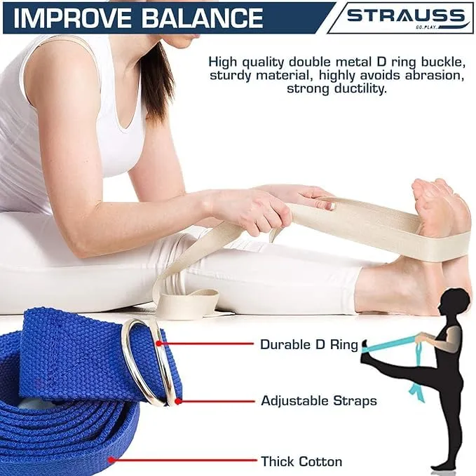 Strauss Yoga Strap & Stretching Belt | Ideal for Yoga, Pilates, Therapy, Dance, Gymnastics & Flexibility | 60% Thicker Belt with Extra Safe Adjustable Metal D-Ring Buckle | 8 feet (Blue) | Pack of 2