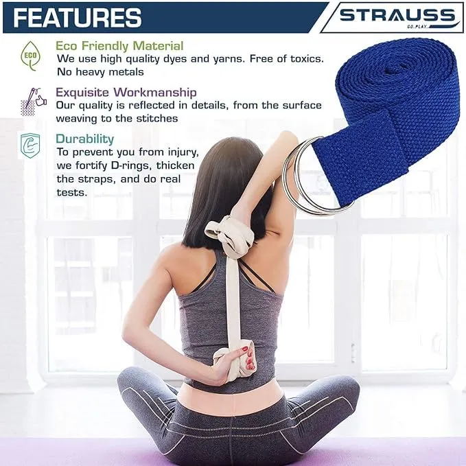 Strauss Yoga Strap & Stretching Belt | Ideal for Yoga, Pilates, Therapy, Dance, Gymnastics & Flexibility | 60% Thicker Belt with Extra Safe Adjustable Metal D-Ring Buckle | 8 feet (Blue) | Pack of 6