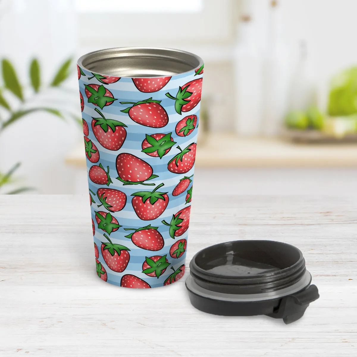 Strawberries on Blue Stripes Travel Mug