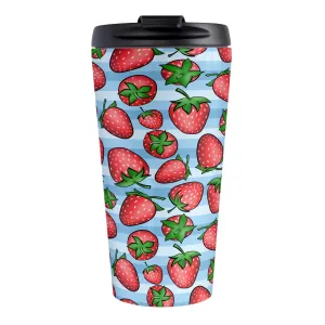 Strawberries on Blue Stripes Travel Mug