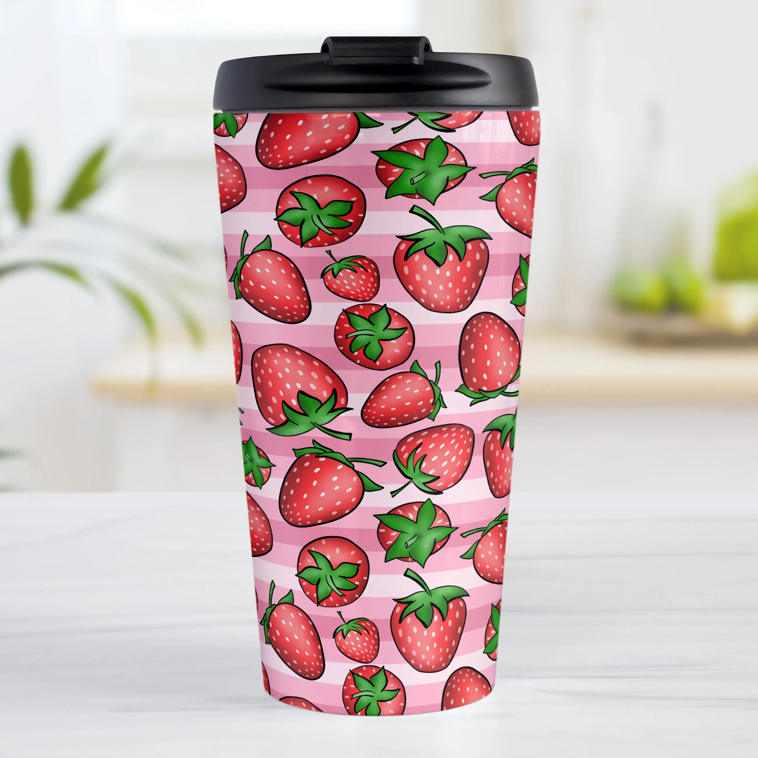 Strawberries on Pink Stripes Travel Mug