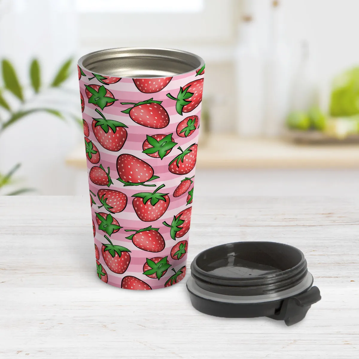 Strawberries on Pink Stripes Travel Mug