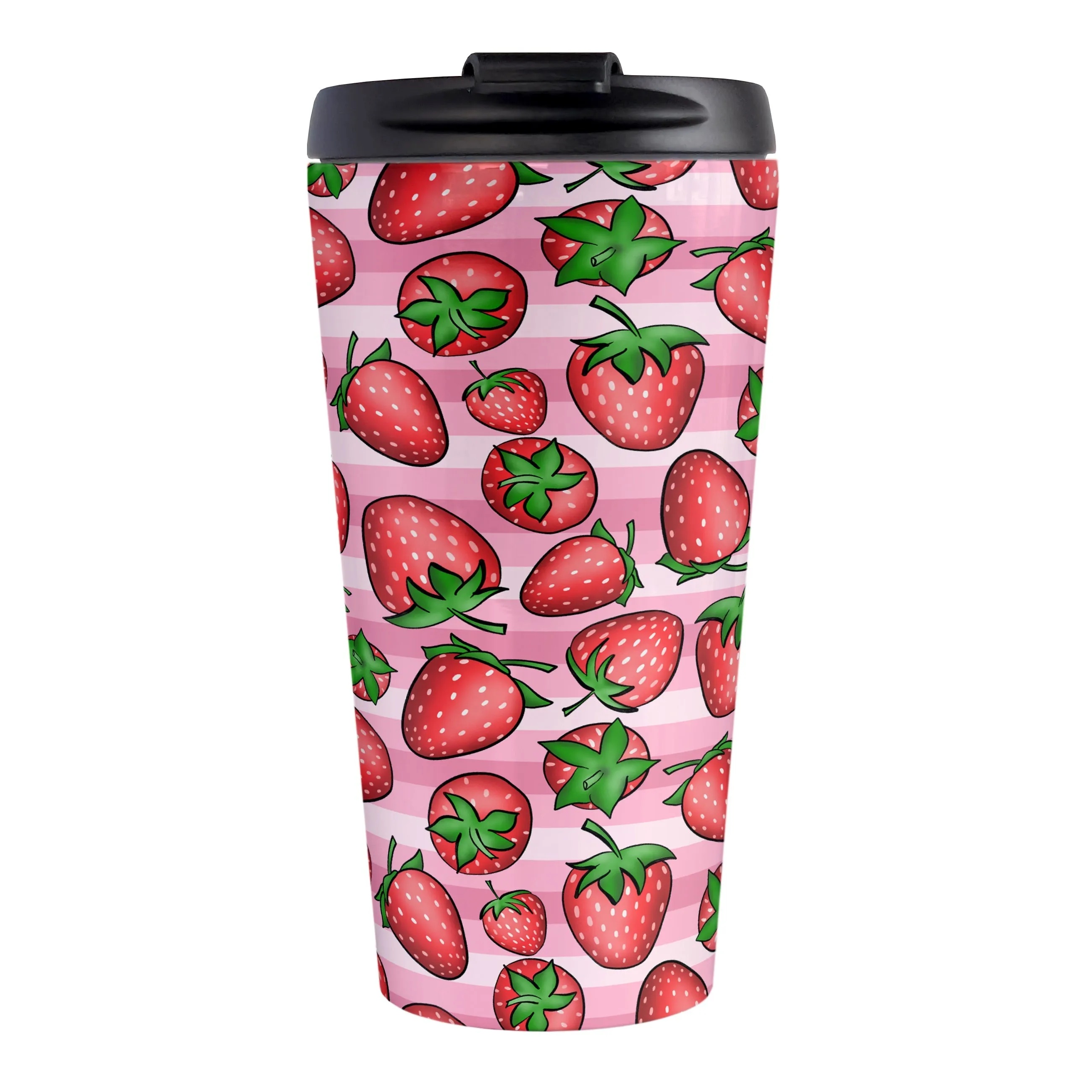 Strawberries on Pink Stripes Travel Mug