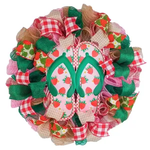 Strawberry Bliss Door Wreath - Whimsical Summer Decor -Flip Flop Wreath - Pink Green Jute