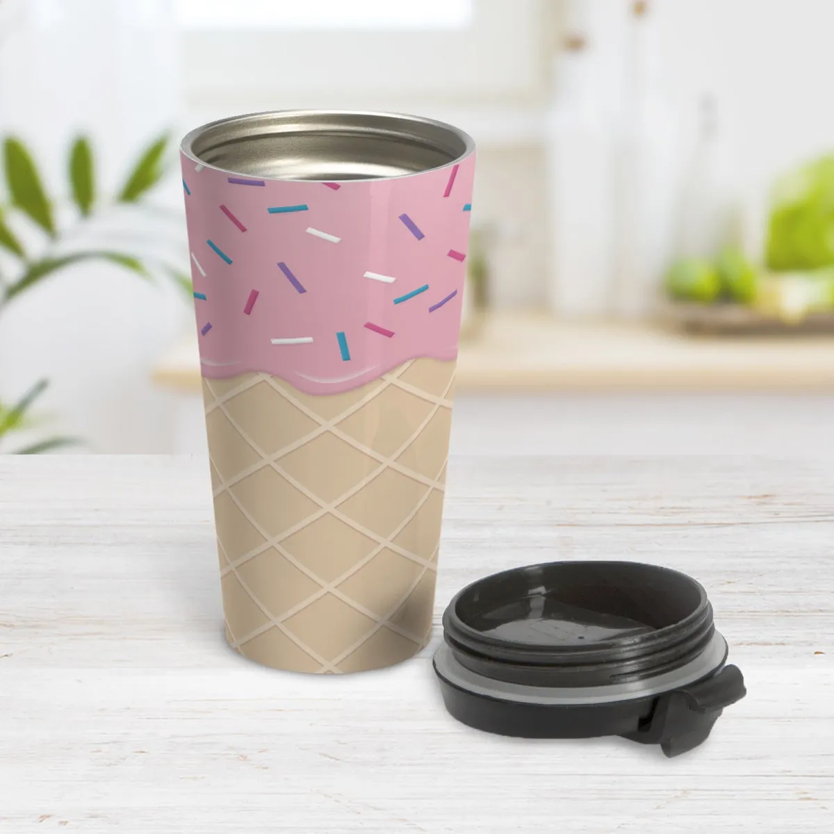 Strawberry Ice Cream Waffle Cone Travel Mug