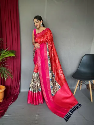 Strawberry Red Saree in Bandhej Kalamkari Print