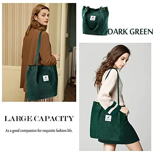 Street27® Korean Canvas Corduroy Tote Bag Casual Work Shoulder Handbags | Multi-Purpose Bag |Sturdy Canvas Bag with Large Capacity | Shopping Bag for Office, College & Daily Use (Green)