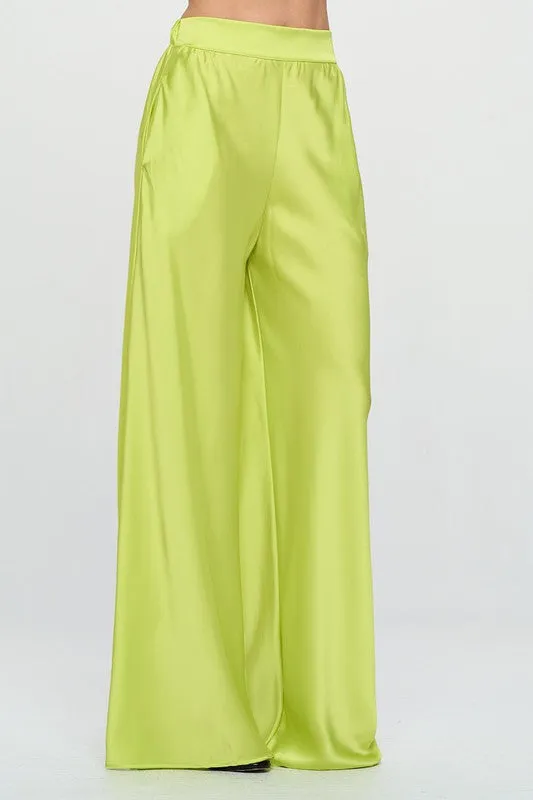 Stretch Satin Pants w/ Elastic Waist and Pockets