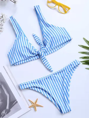 Stripe Halter String Bowknot Bikinis Two Piece Swimsuits