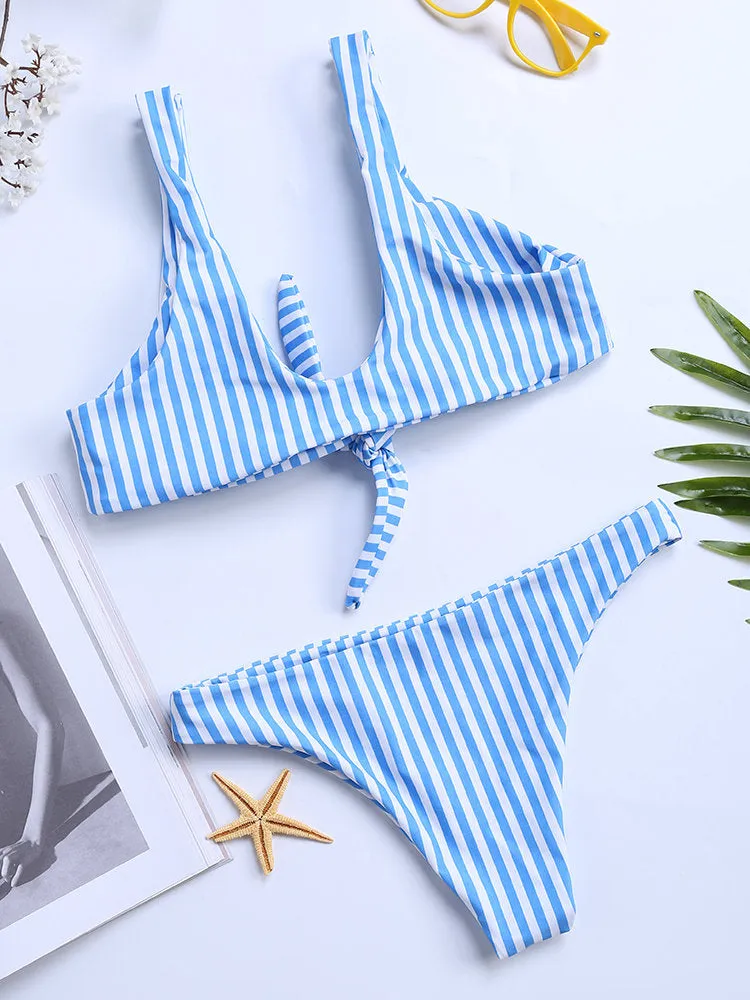 Stripe Halter String Bowknot Bikinis Two Piece Swimsuits