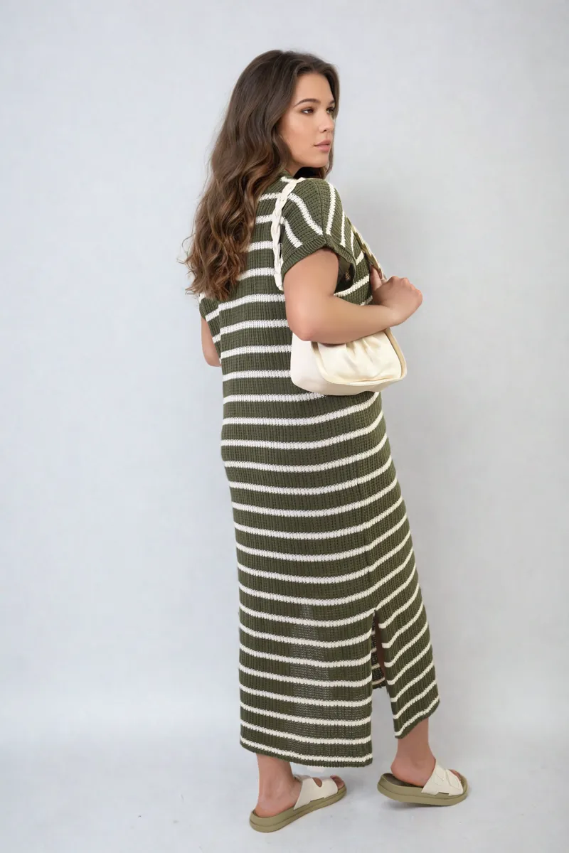 Stripe Knitted V Neck Midi Dress