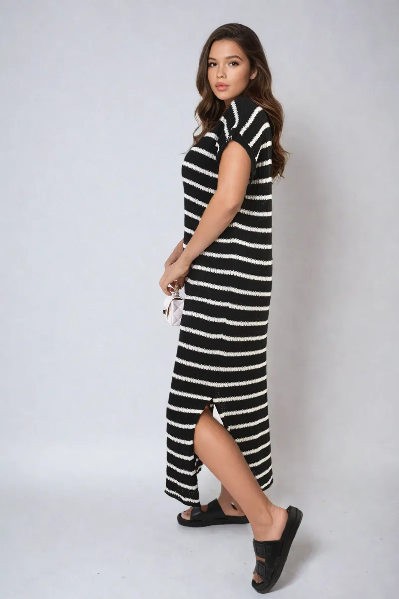 Stripe Knitted V Neck Midi Dress