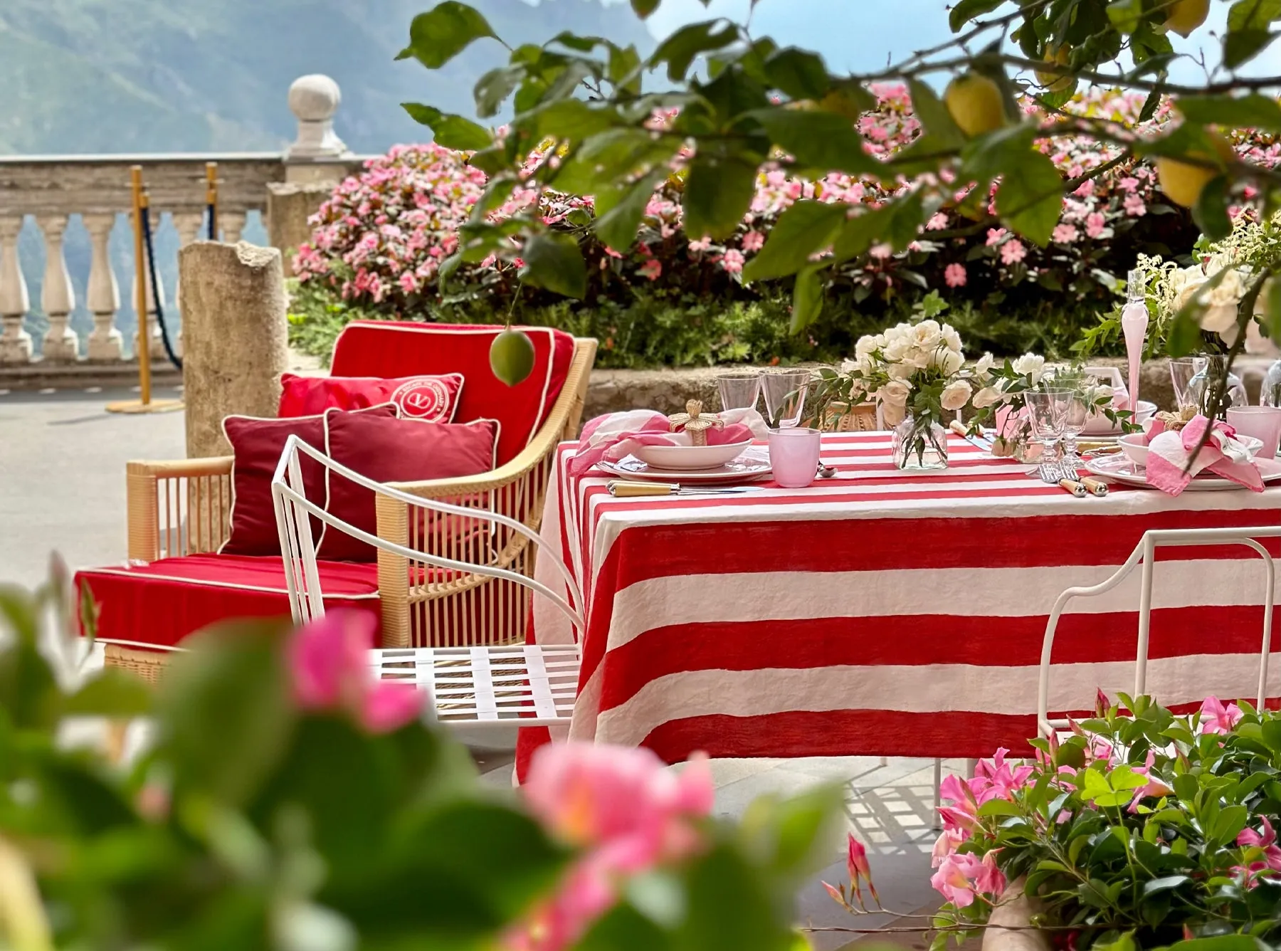 Stripe Linen Tablecloth in White & Red