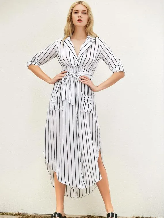 Stripe Long Sleeve Pocket Maxi Dress