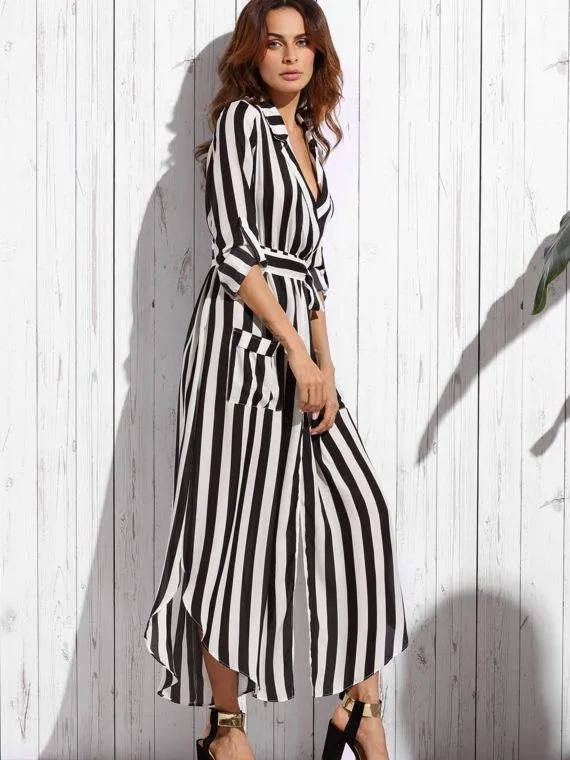 Stripe Long Sleeve Pocket Maxi Dress