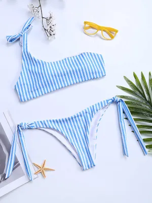 Stripe One Shoulder Blue String Bowknot Bikinis