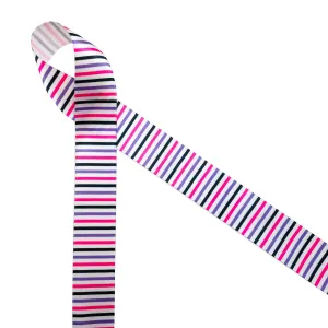 Stripe ribbon lavender, black and pink for Halloween printed on 7/8" white satin