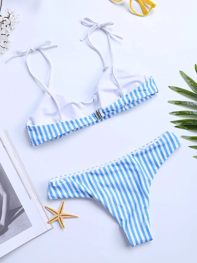 Stripe Tie Front Halter String  Bikinis Swimsuits Series For Women