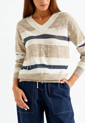 Striped Beaded Long Sleeve Sweater