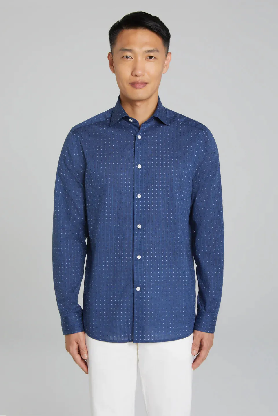 Striped Dot Print Cotton Shirt in Navy