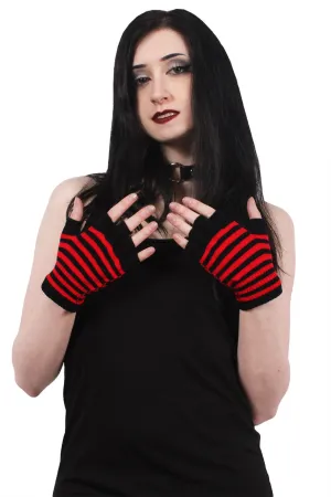 Striped Fingerless Gloves in Black & Red by VampireFreaks