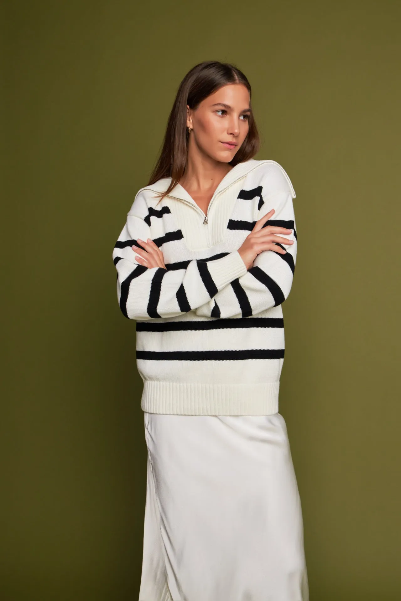 Striped Knit Zip Pullover