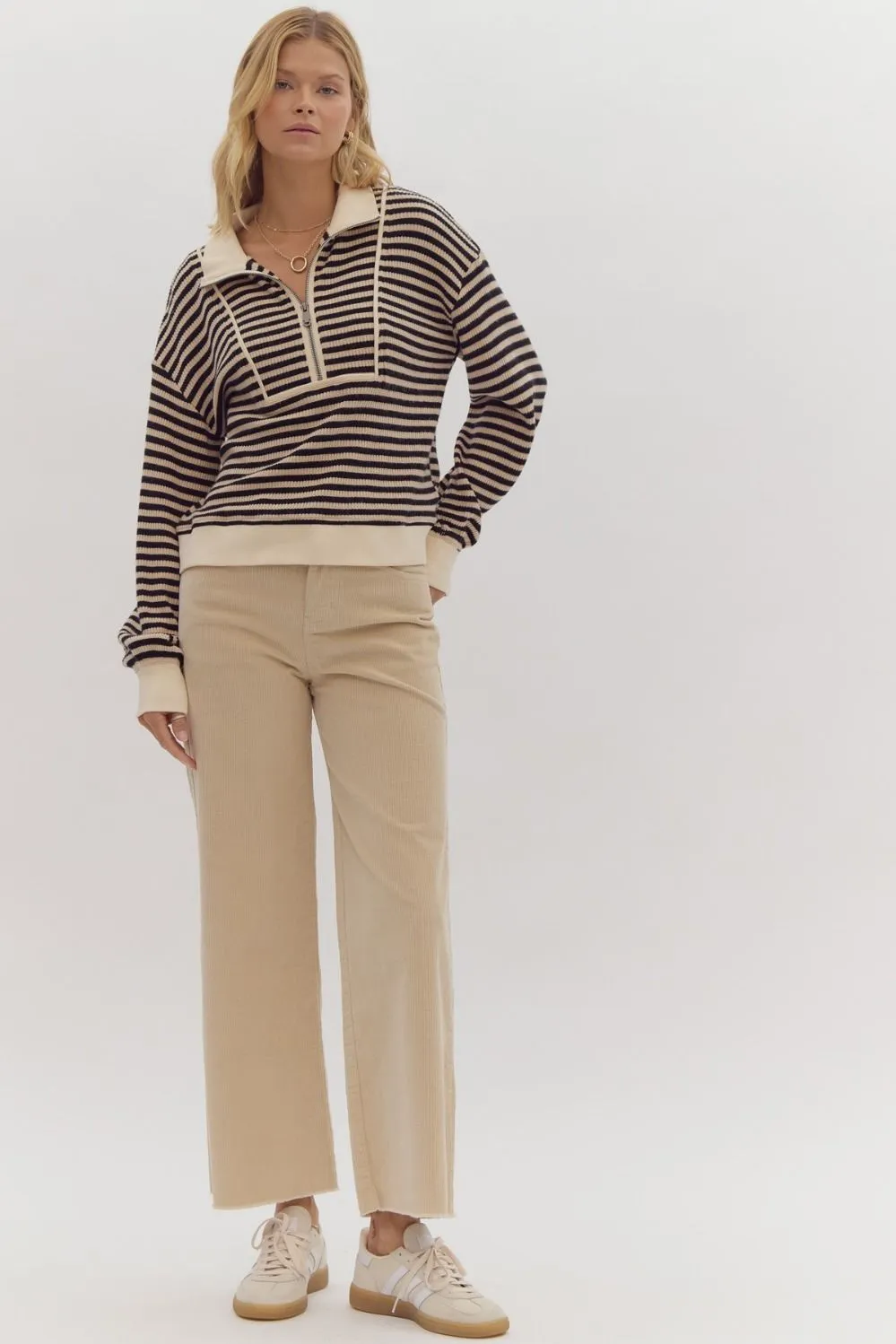 Striped long sleeve half-zip pullover top