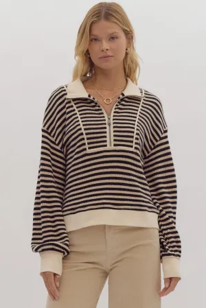 Striped long sleeve half-zip pullover top