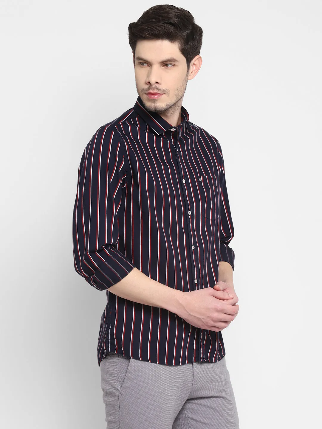 Striped Navy Blue Slim Fit Causal Shirt