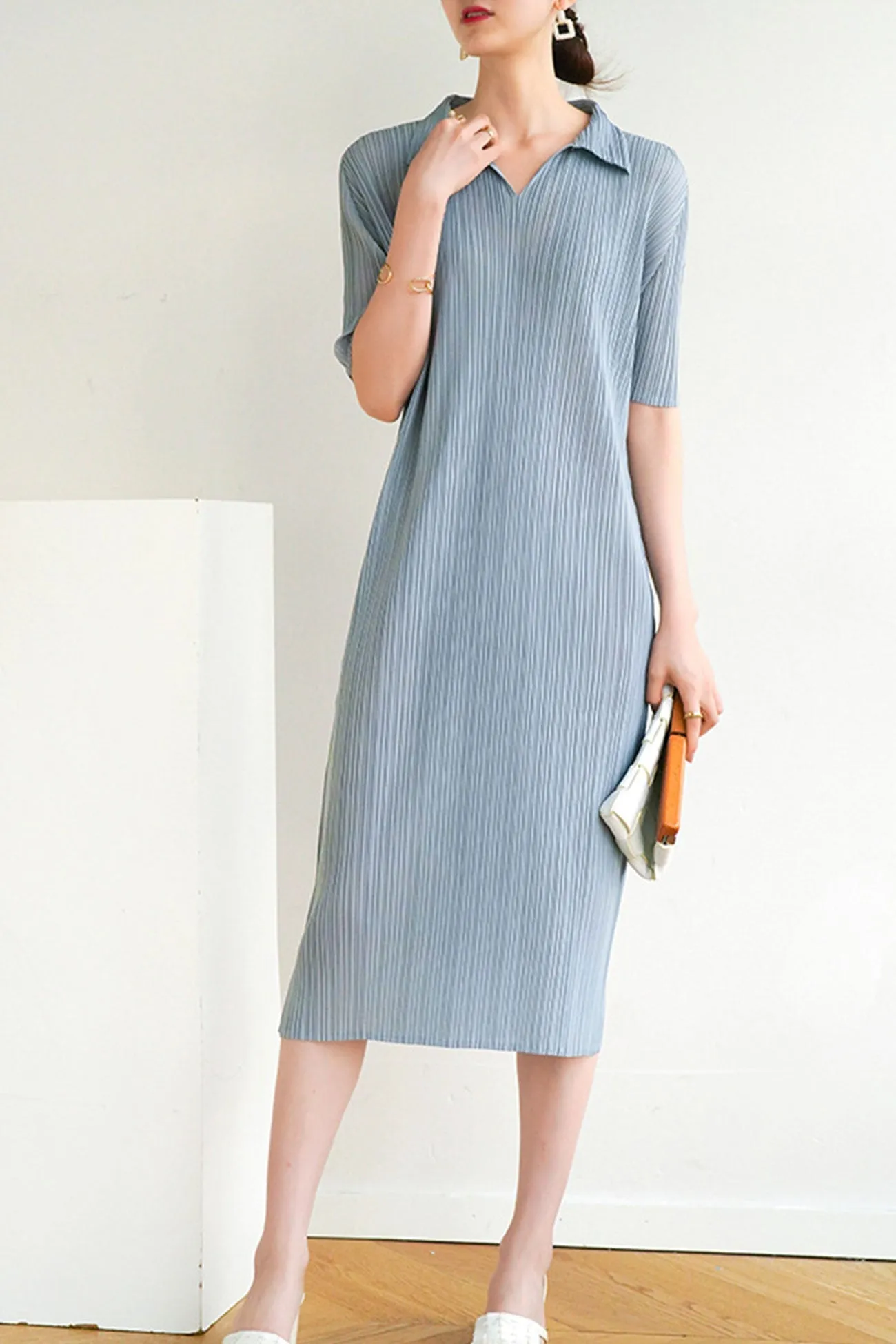 Striped Polo Neck Full Pleated Dress