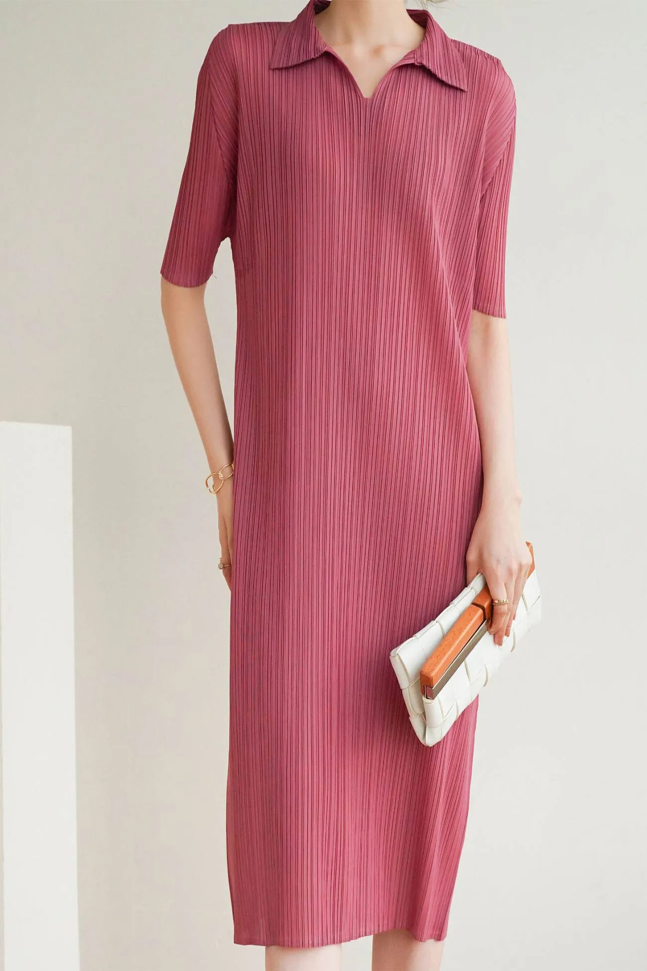 Striped Polo Neck Full Pleated Dress