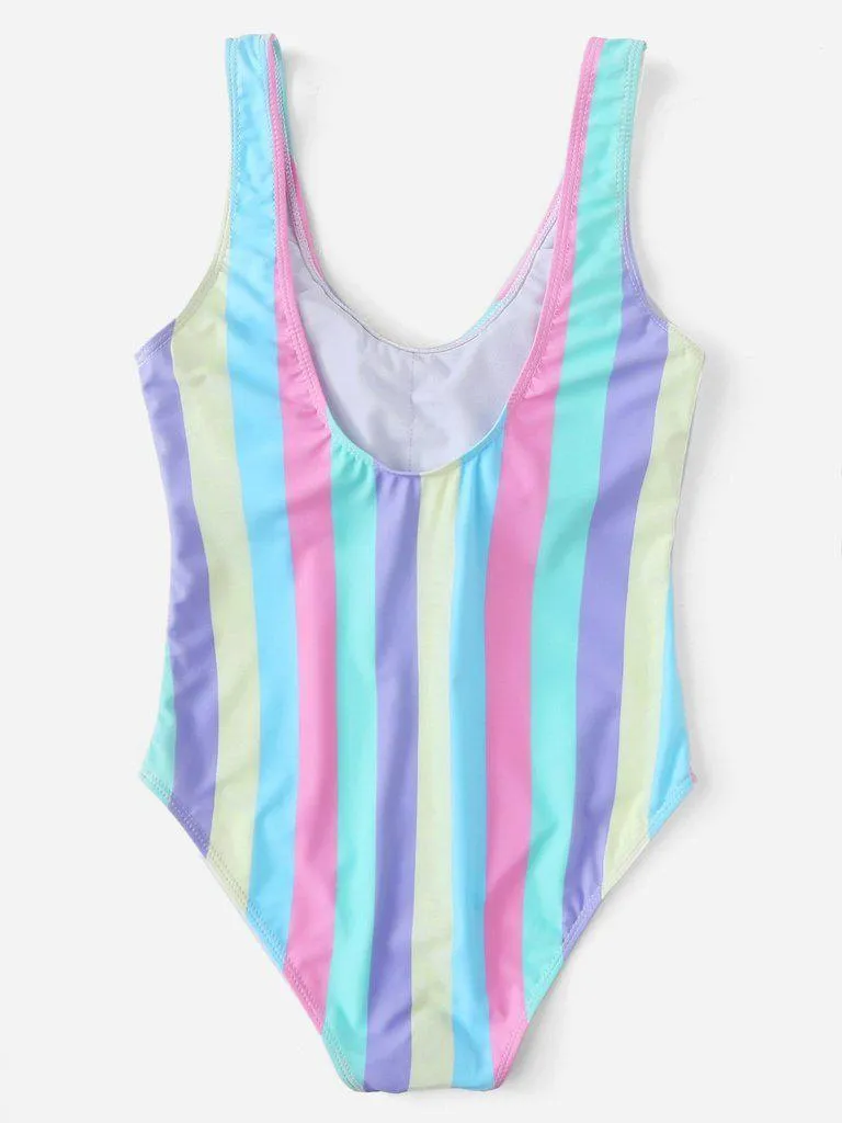 Striped Print Scoop Neck Swimsuit