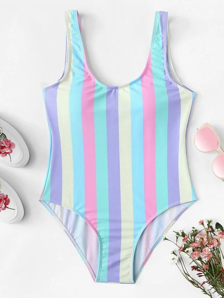 Striped Print Scoop Neck Swimsuit