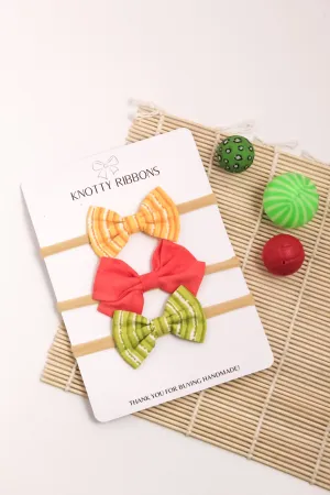 Striped School & Classic Bow Headband Set - Yellow, Red & Green